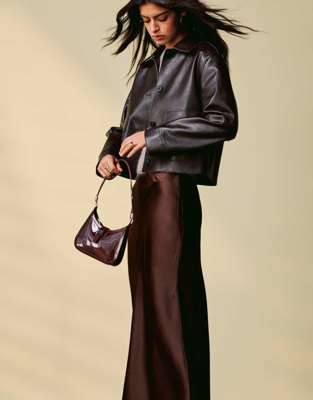 Mango satin midi skirt in brown Product Image