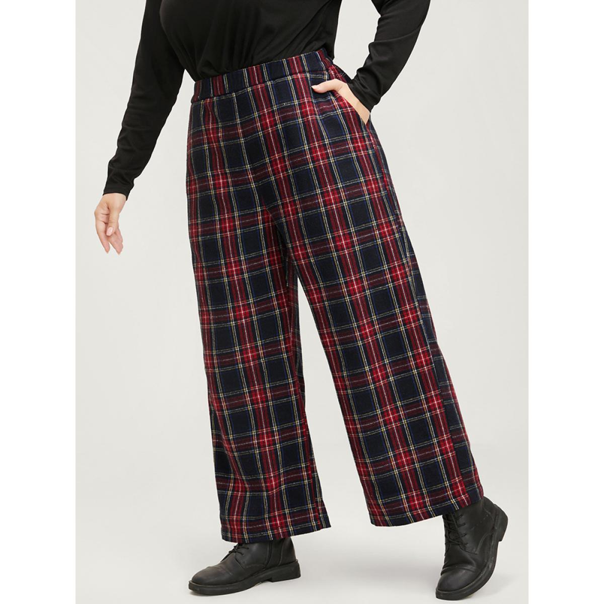 Plus Size Plaid Elastic Waist Pocket High Rise Pants Women Black Elegant High Rise Dailywear Pants BloomChic 28/5X Product Image