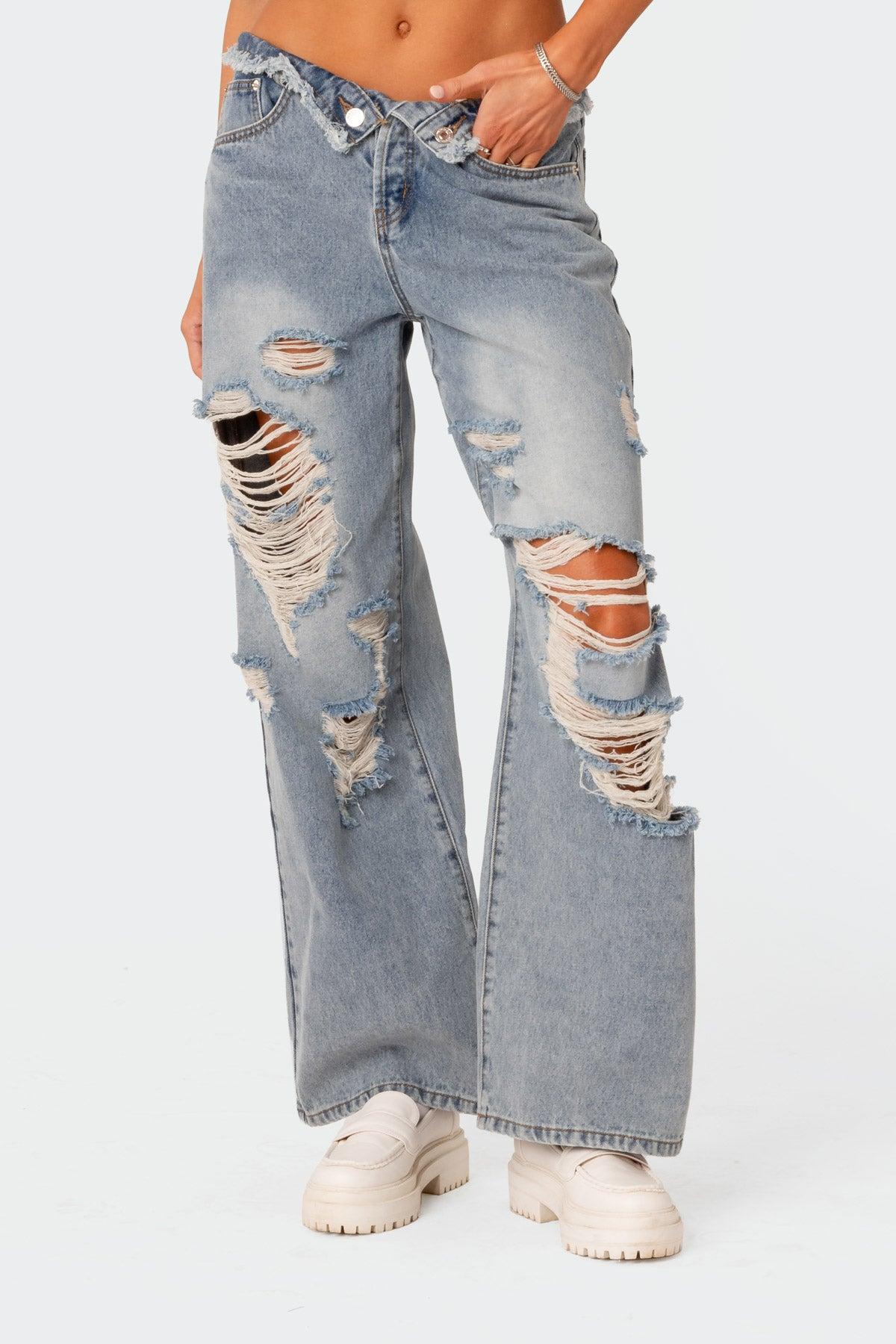 Distressed Fold Over Low Rise Wide Leg Jeans Product Image