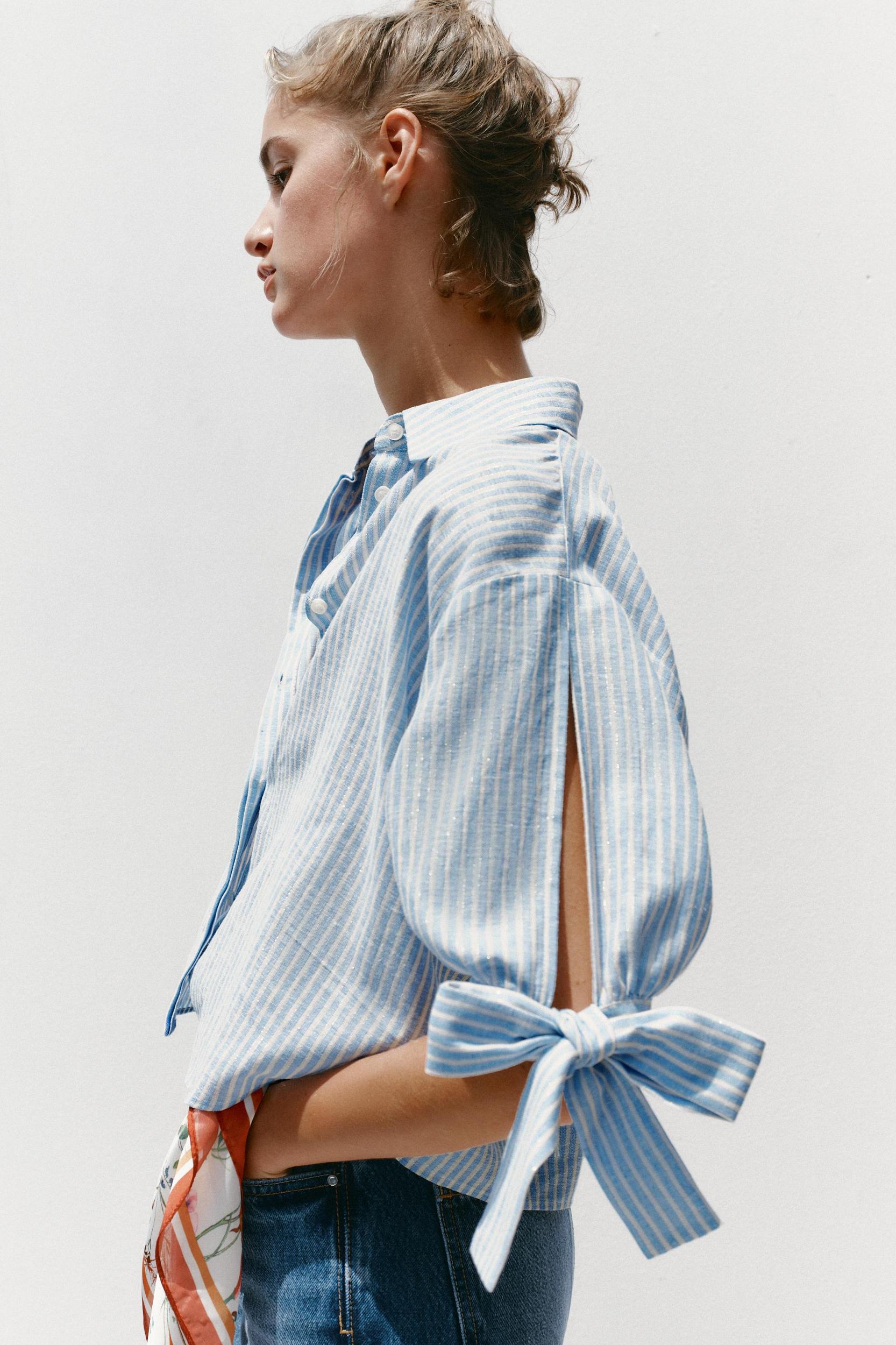 STRIPED LINEN BOW SHIRT Product Image