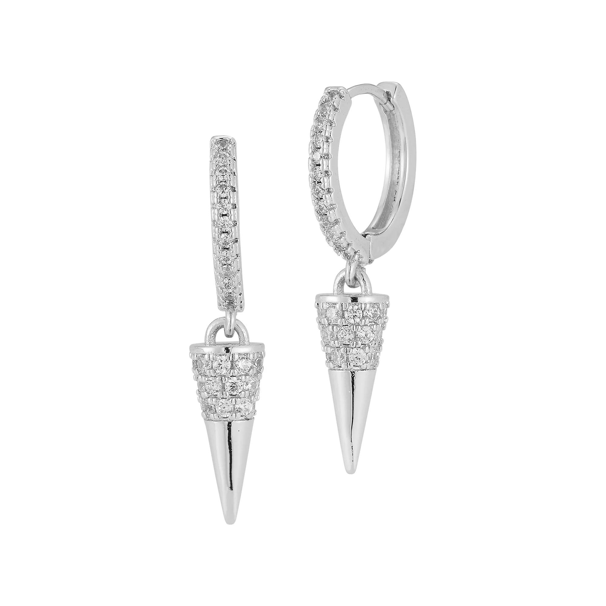Cubic Zirconia Spike Charm Huggie Hoop Earrings, Women's, Silver Tone Product Image