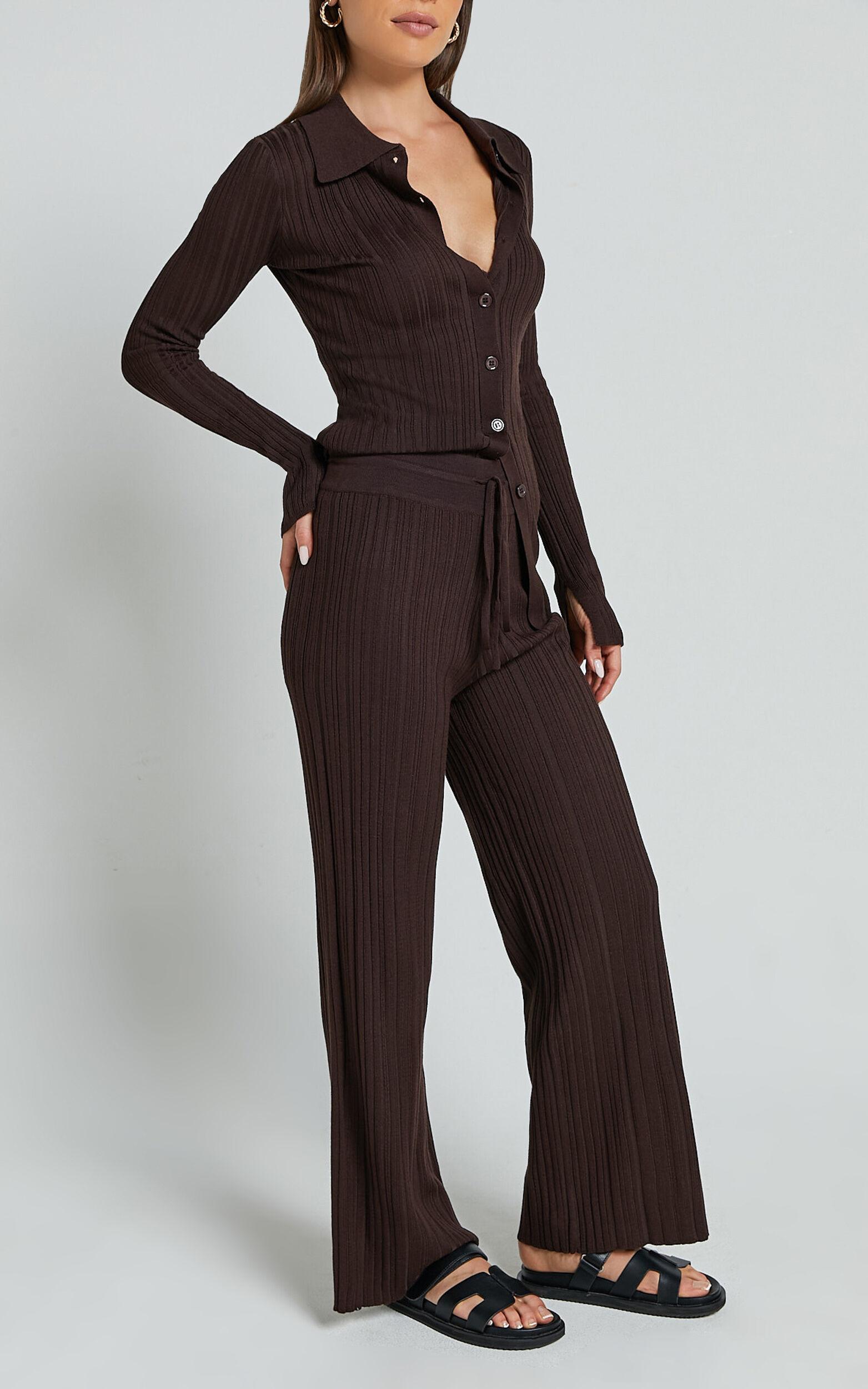 Kelsey Pants - High Drawstring Waist Knit Pants in Chocolate Product Image