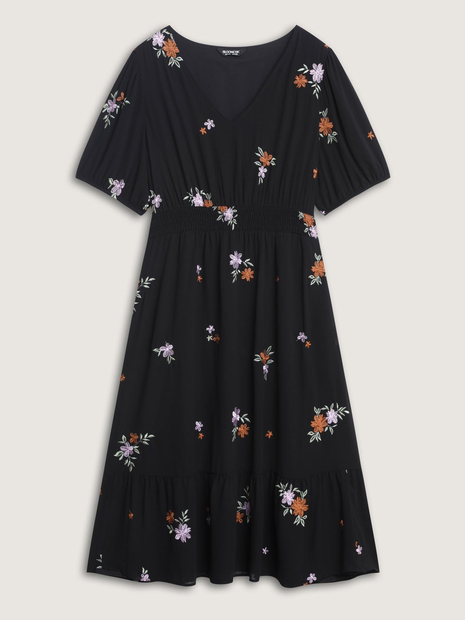 Floral Embroidered Shirred Waist Midi Dress Female Product Image