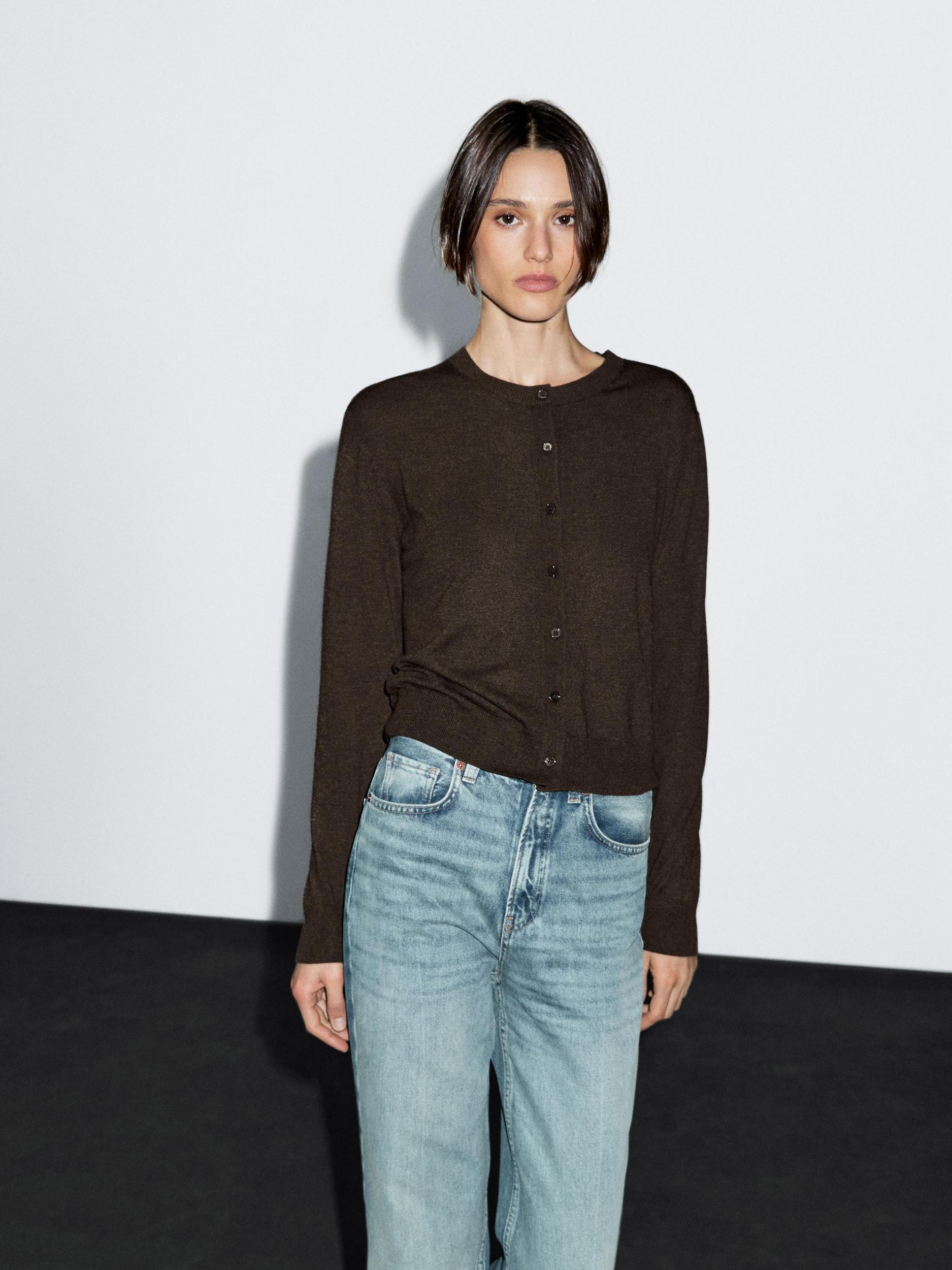 Wool blend knit cardigan with crew neck Product Image