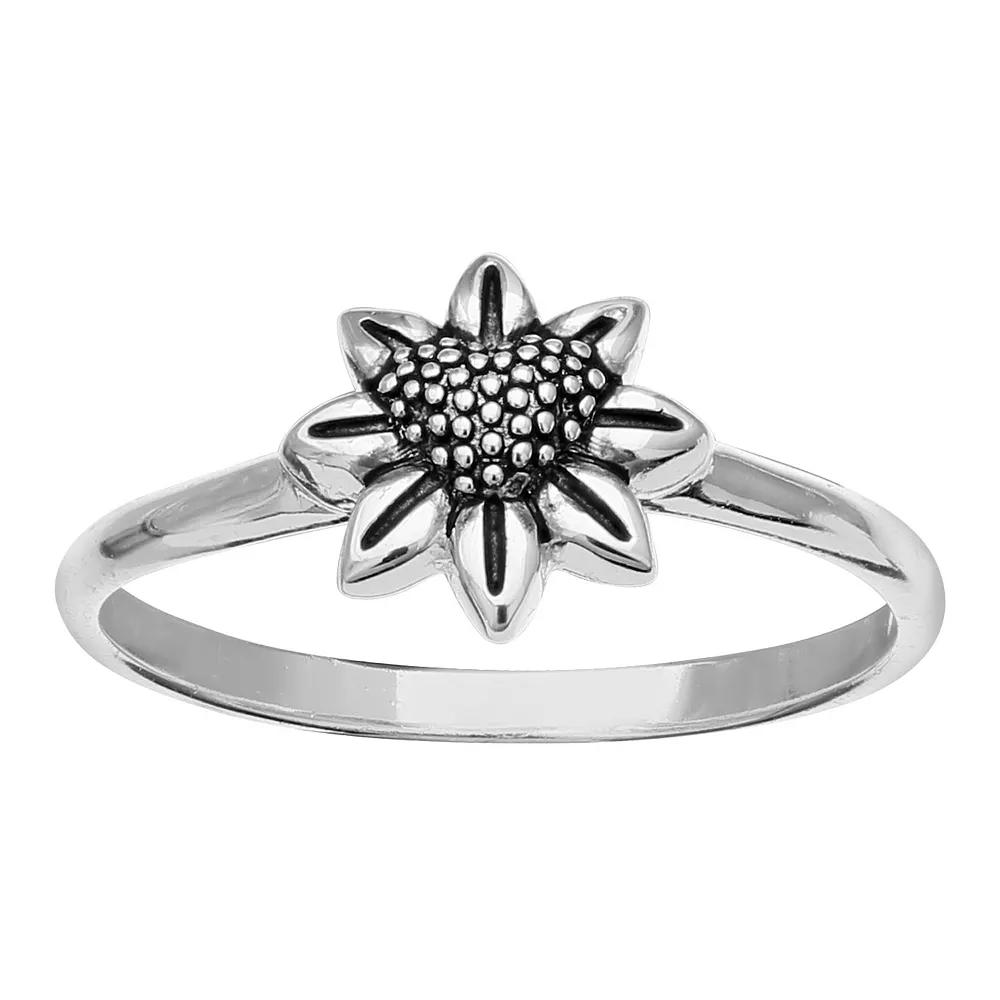 PRIMROSE Sterling Silver Flower Beaded Heart Band Ring, Women's, Size: 9 Product Image