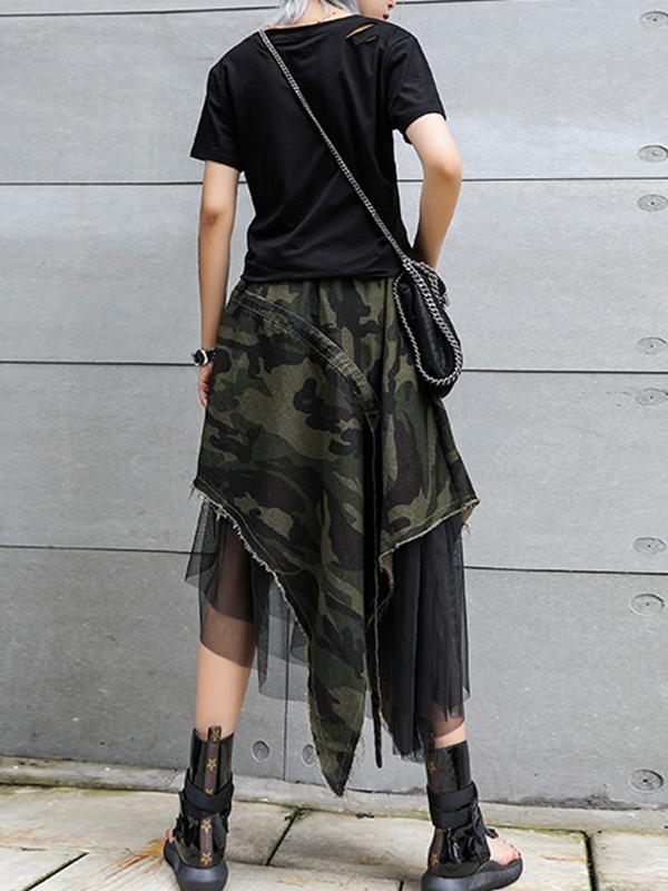 A-Line Loose Asymmetric Camouflage Elasticity Fringed Mesh Split-Joint Skirts Bottoms Product Image