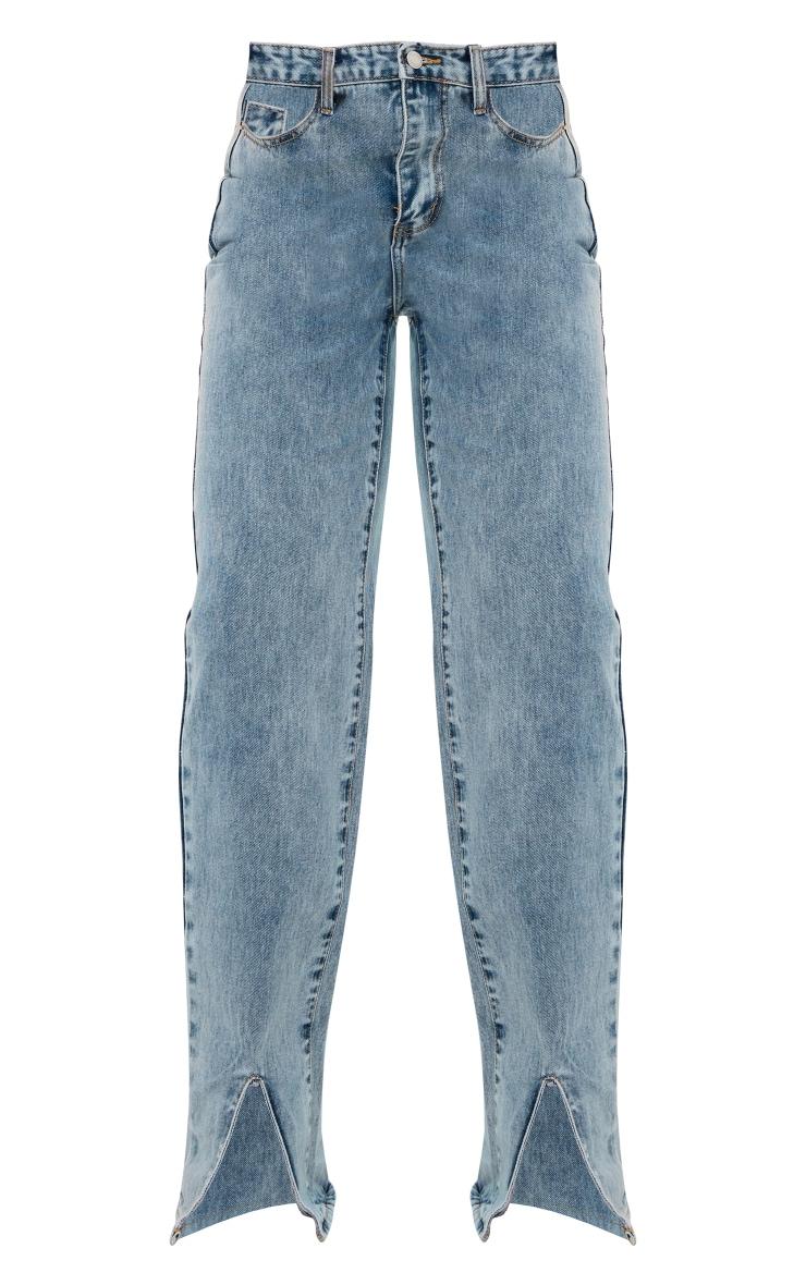 Light Blue Wash Front Split Long Leg Straight Jeans Product Image