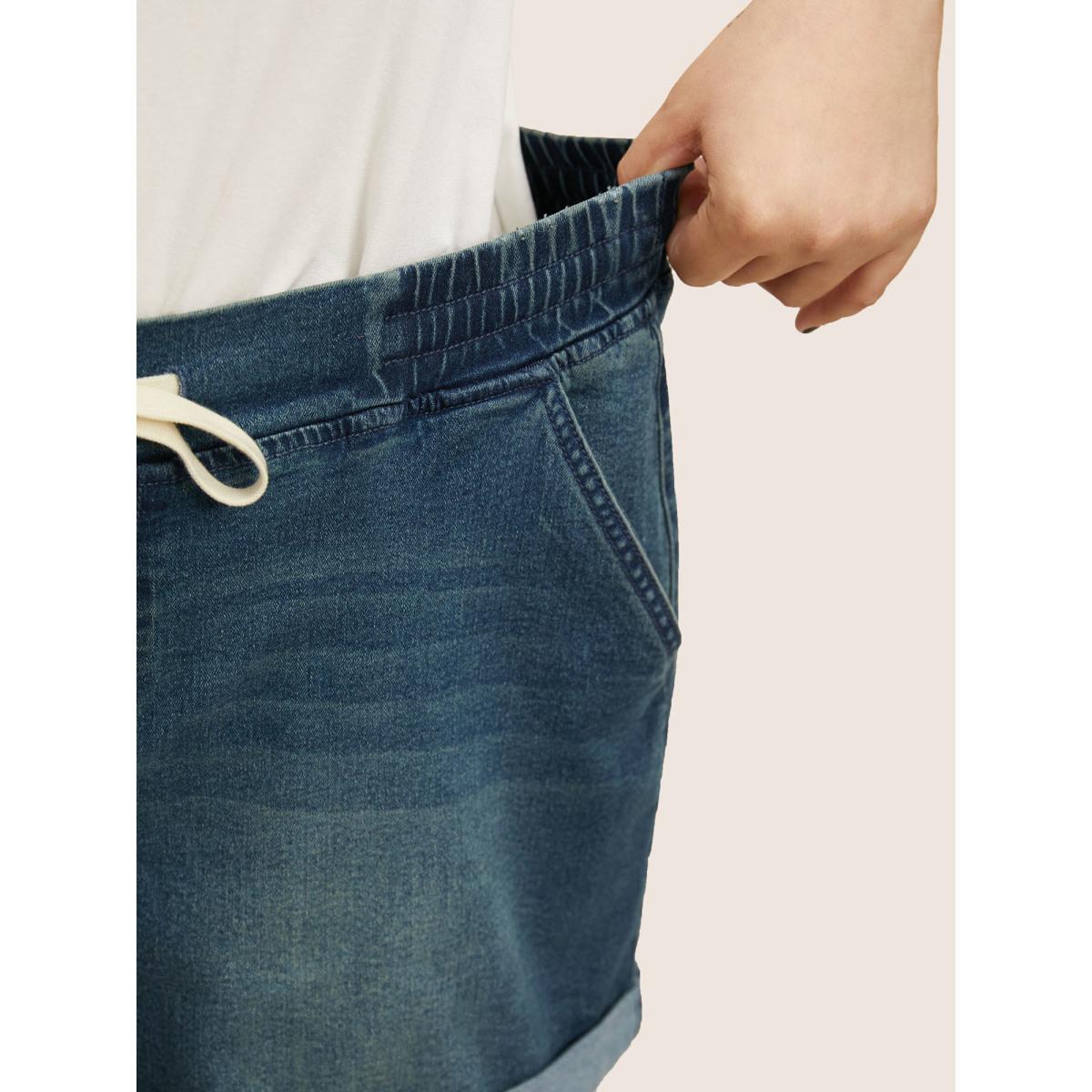 Plus Size Dark Wash Roll Hem Drawstring Denim Shorts Women Denimblue Roll Hem High stretch Everyday Slanted pocket Casual Denim Shorts BloomChic 24/3X Product Image