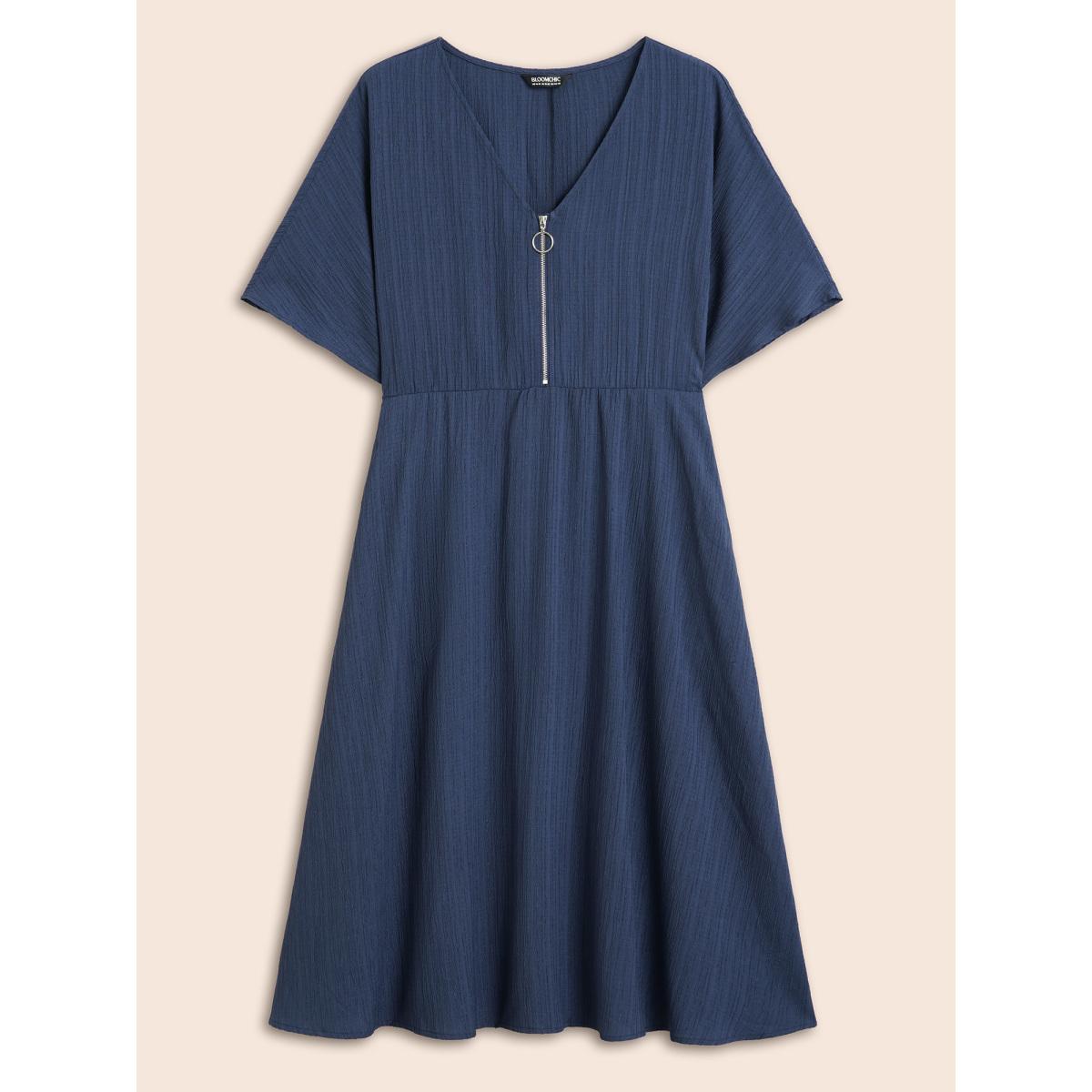Plus Size Textured Half Zip Dolman Sleeve Dress Indigo Women At the Office Texture V-neck Short sleeve Curvy BloomChic 18-20/2X Product Image