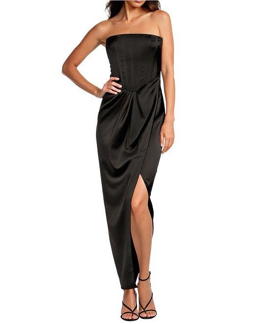 Gianni Bini Daphne Satin Ruched Straight Neck Sleeveless Asymmetrical Hem Sheath Dress Product Image