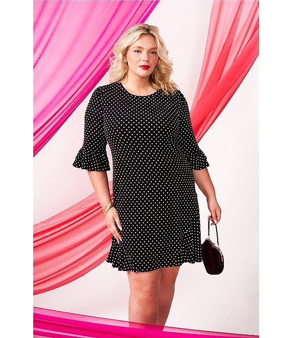 CeCe Plus Size Dotted Print Crew Neck 3/4 Sleeve Ruffled Hem Knit Shift Dress Product Image