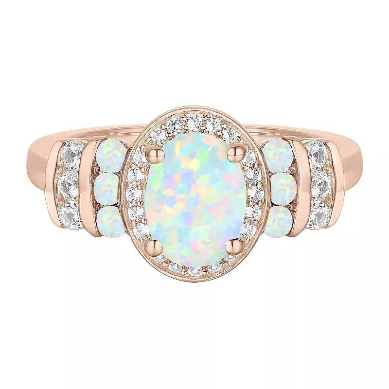 14k Rose Gold Over Silver Lab-Created Opal & Lab-Created White Sapphire Oval Halo Ring, Women's, Size: 7 Product Image
