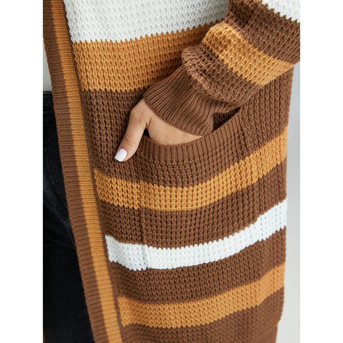 Plus Size Contrast Open Front Patched Pocket Tunic Cardigan Multicolor Women Casual Loose Long Sleeve Dailywear Cardigans BloomChic 26/4X Product Image