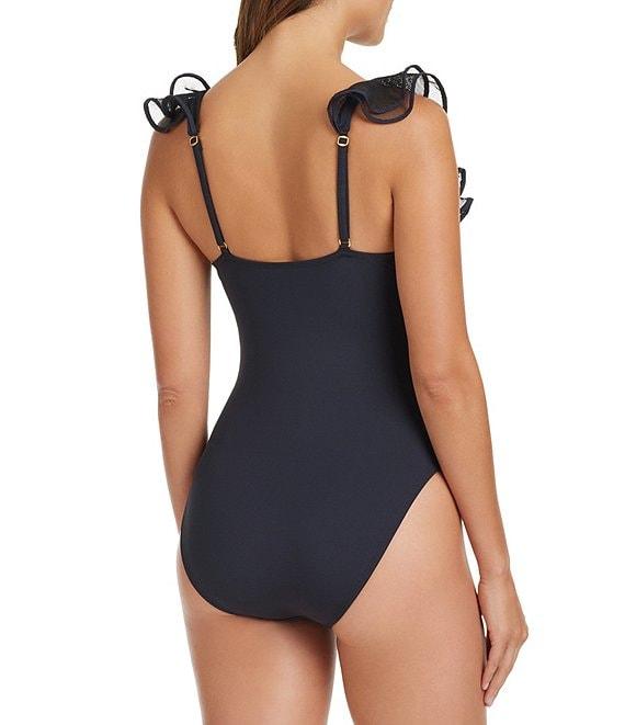 Bleu Rod Beattie Frill Seeker Solid Plunge V-Neck Ruffle Detail One Piece Swimsuit Product Image