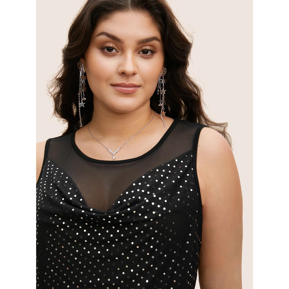 Plus Size Glitter Cowl Neck Patchwork Mesh Tank Top Women Black Cocktail Rhinestone detailing Round Neck Party Tank Tops Camis BloomChic 28/5X Product Image