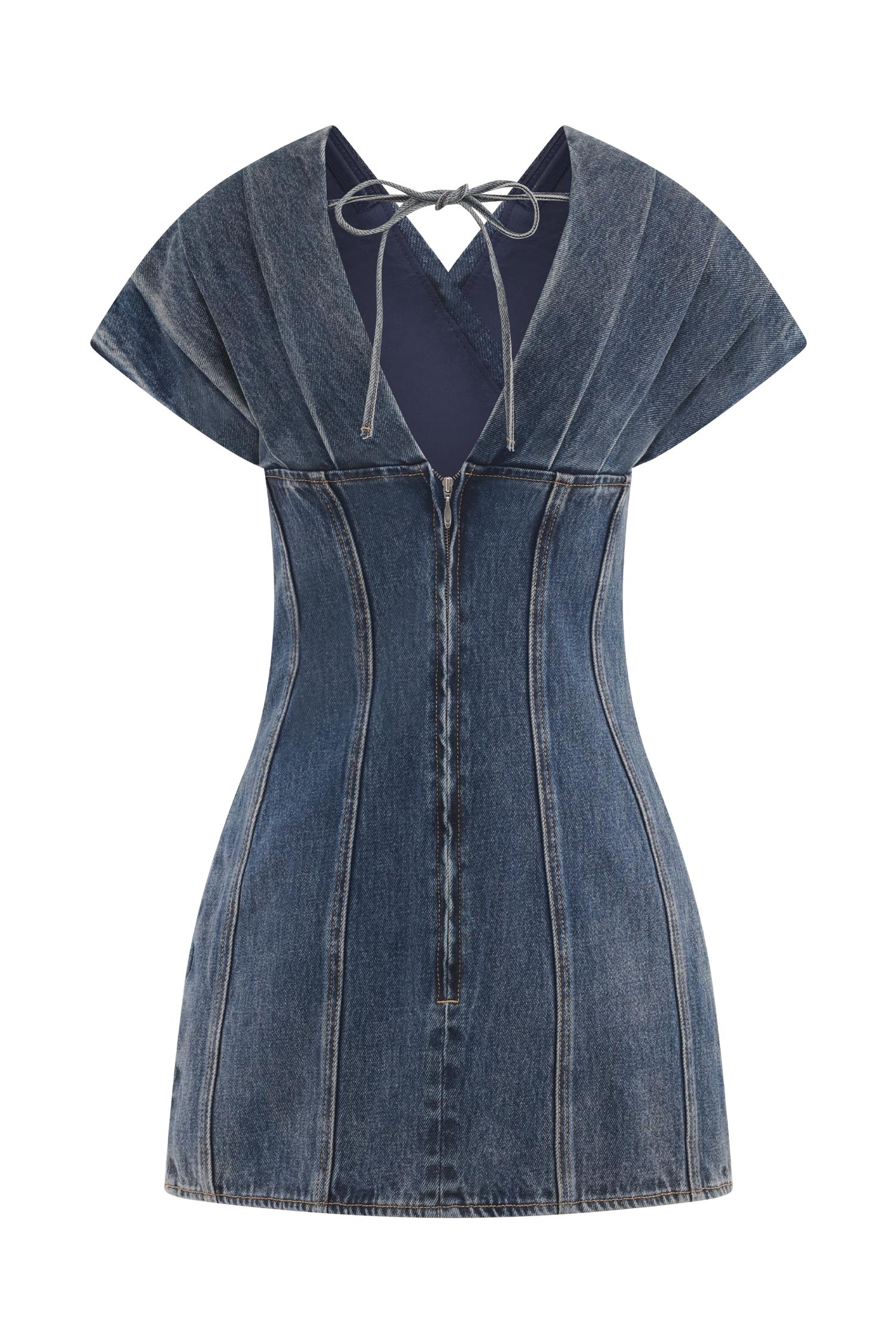 Pascale Off Shoulder Denim Mini Dress - Washed Dark Blue Product Image