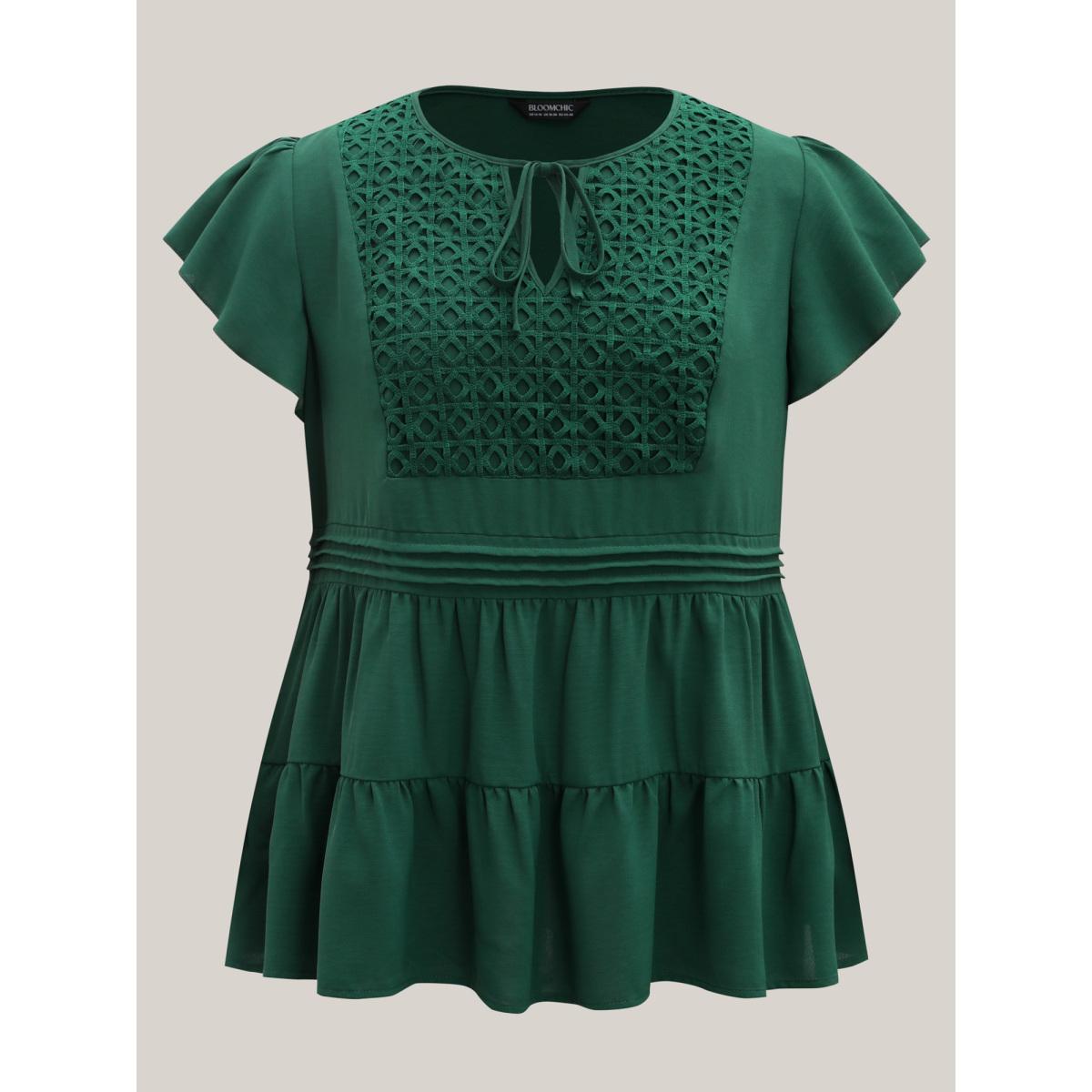 Plus Size DarkGreen Textured Lace Tiered Solid Blouse Women Timeless Cap Sleeve V-neck Elegant Blouses BloomChic 14-16/1X Product Image