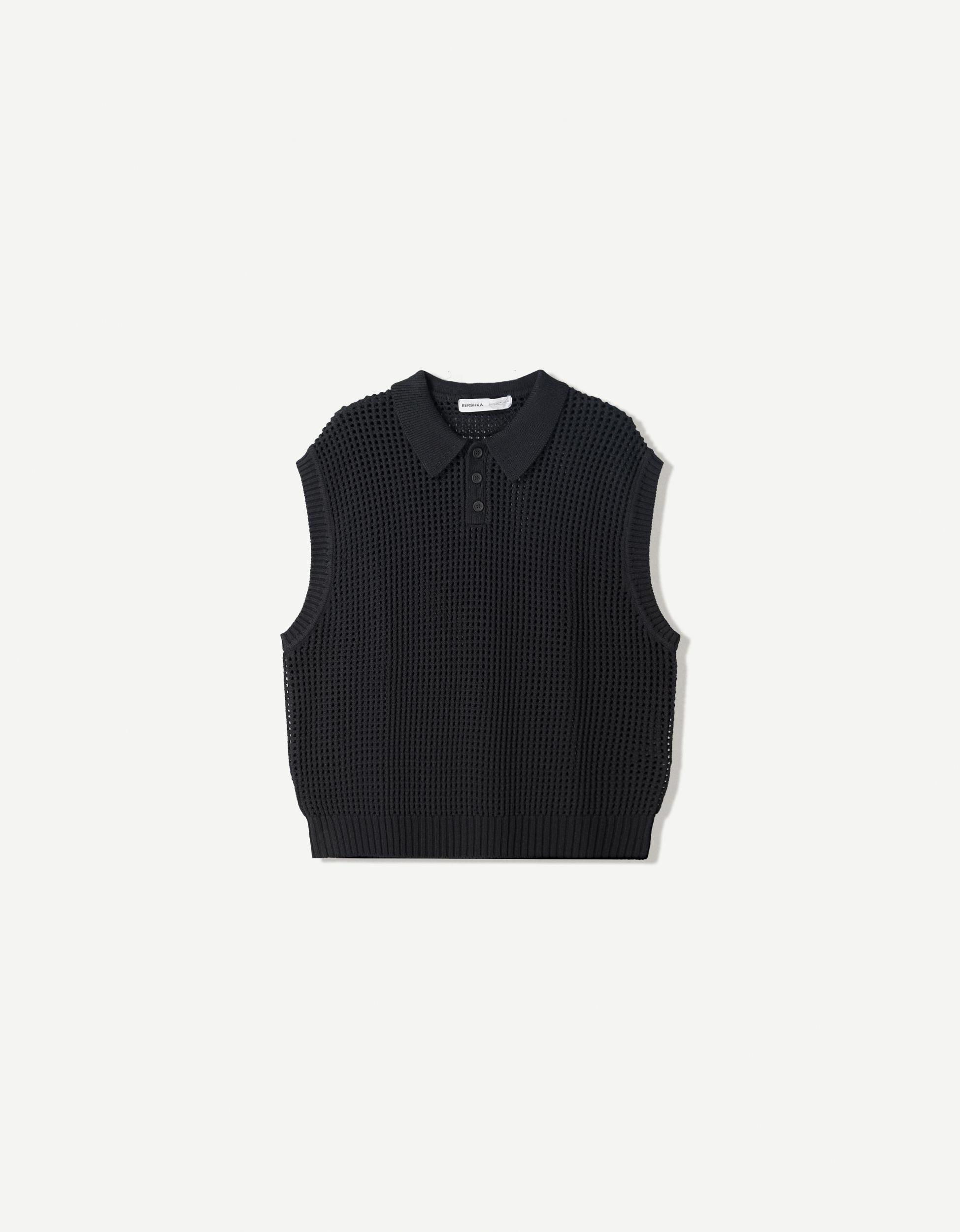 Mesh waistcoat with a buttoned polo collar Product Image