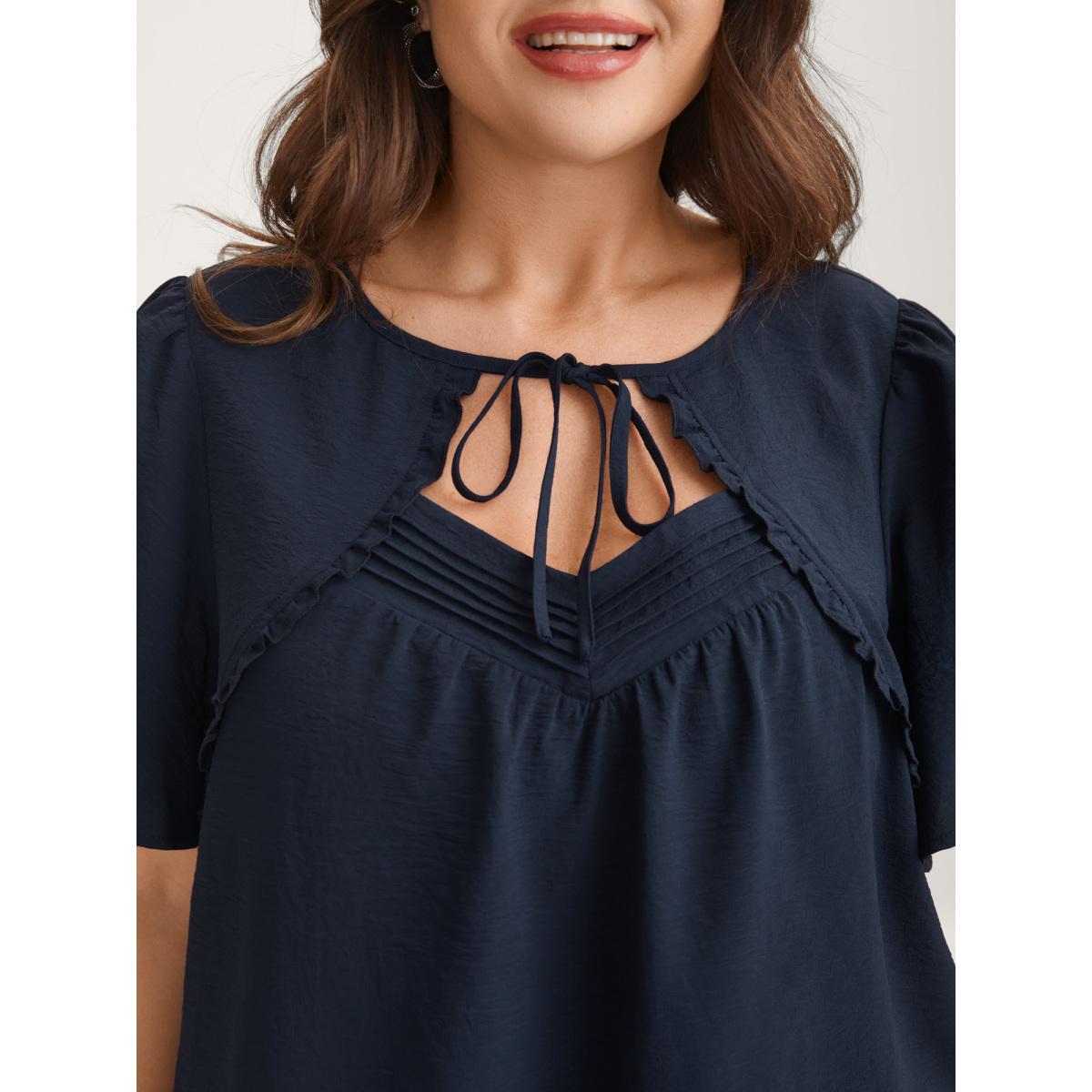 Plus Size Indigo Toothpick Pleated Neck Tie Solid Blouse Women Romantic Short sleeve Non Elegant Blouses BloomChic 12/L Product Image