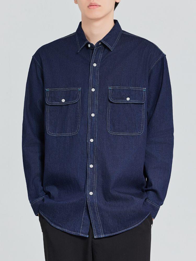 Long Sleeve Collared Denim Cargo Shirt Product Image