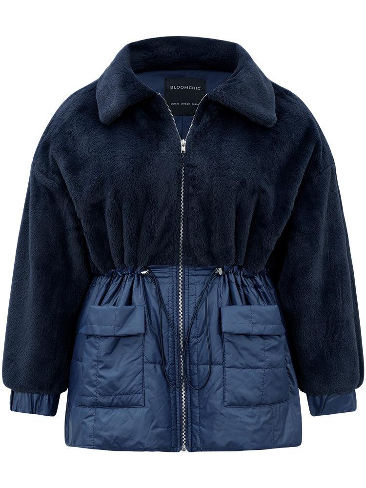 Fuzzy Patchwork Zipper Drawstring Coat Female Product Image