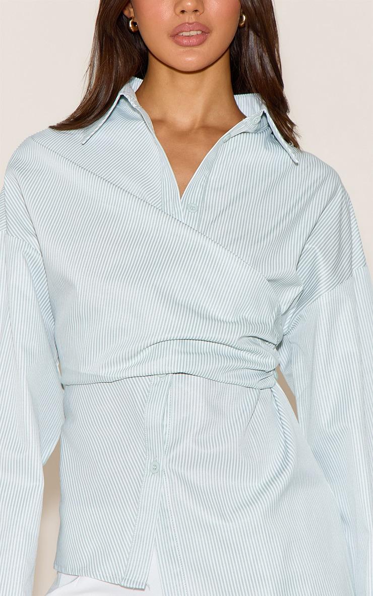 Sage Green Stripe Asymmetric Drape Shirt Product Image