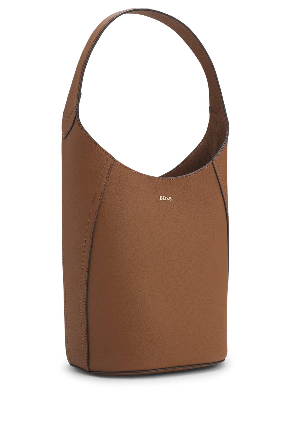 Leather bucket bag with metallic logo lettering Product Image