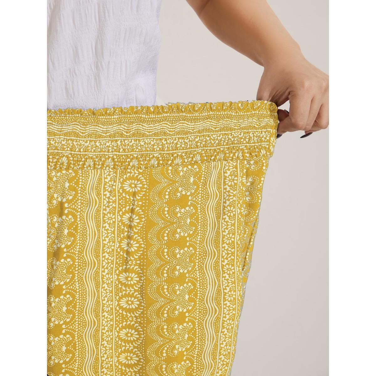 Plus Size Boho Print Shirred Waist Wide-Leg Pants Women Lemonyellow Boho Wide Leg Mid Rise Vacation Pants BloomChic 12/L Product Image
