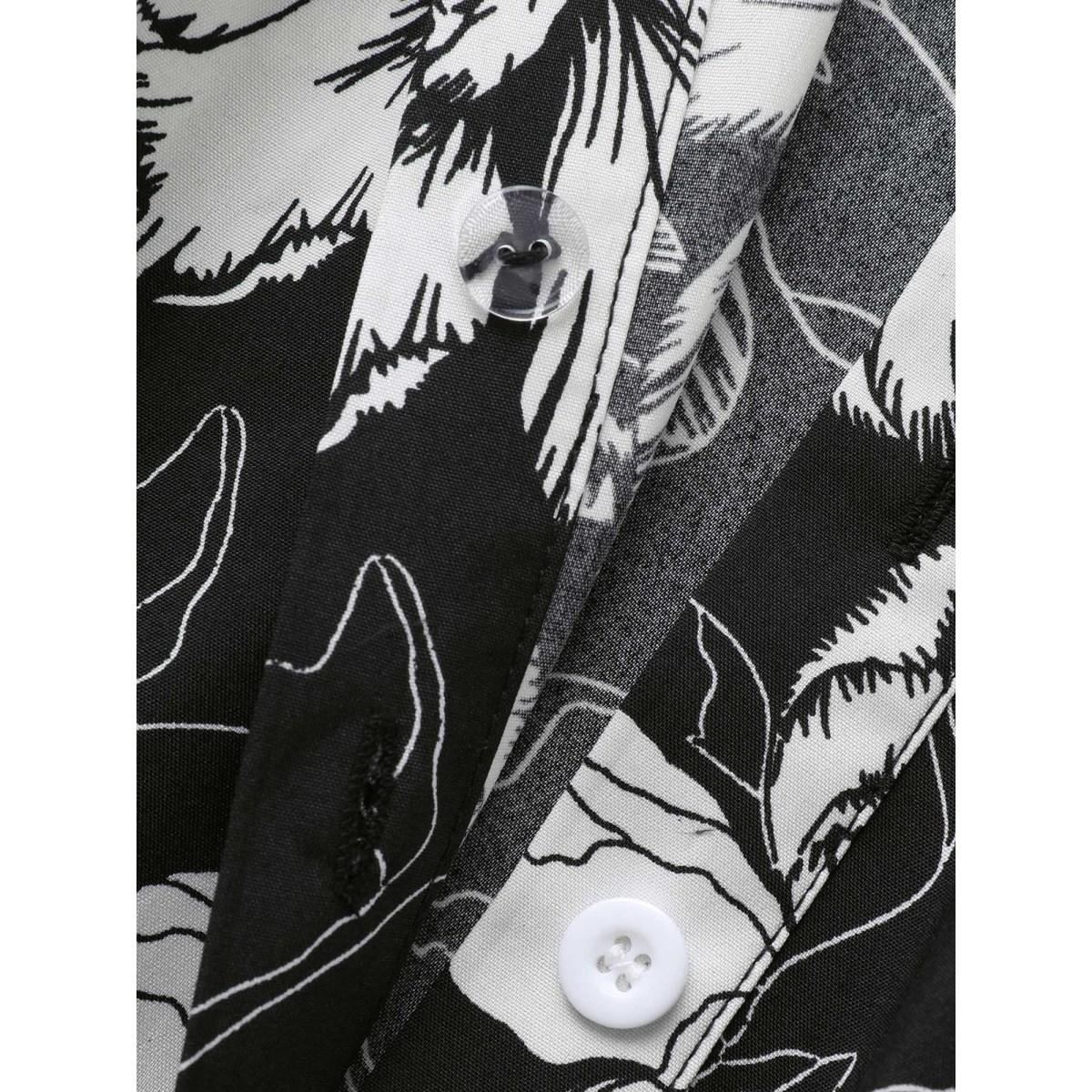 Plus Size Floral Shirt Collar Belted Midi Dress Black Women Elegant Belted Shirt collar Short sleeve Curvy BloomChic 26/4X Product Image