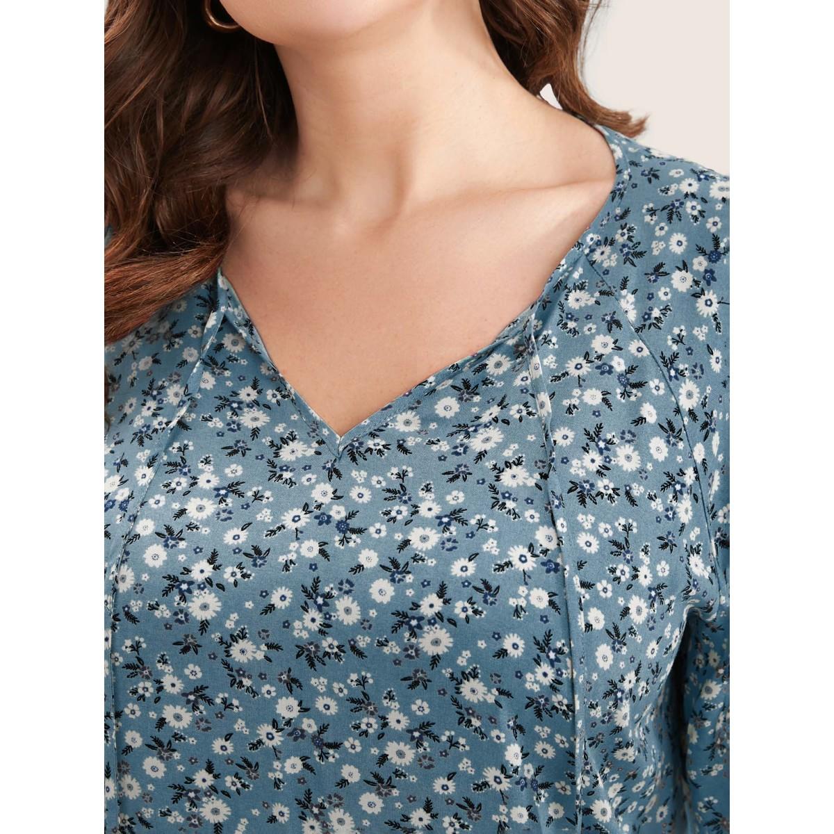 Plus Size Aegean Ditsy Floral Ruffle Sleeve Tie Neck Blouse Women Elegant Short sleeve V-neck Everyday Blouses BloomChic 26/4X Product Image