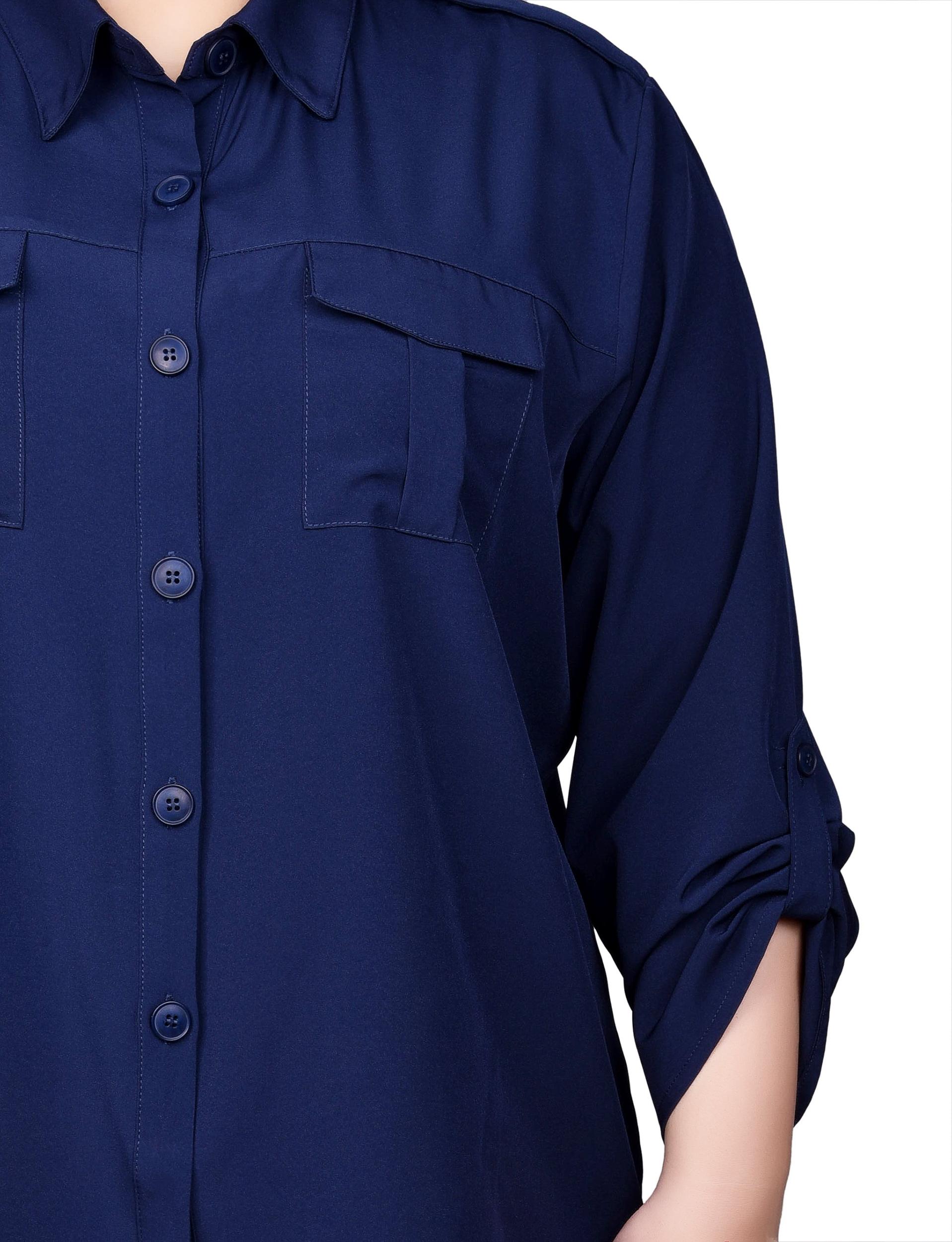 Blue 3/4 Sleeve Roll Tab Blouse - Plus Size Product Image