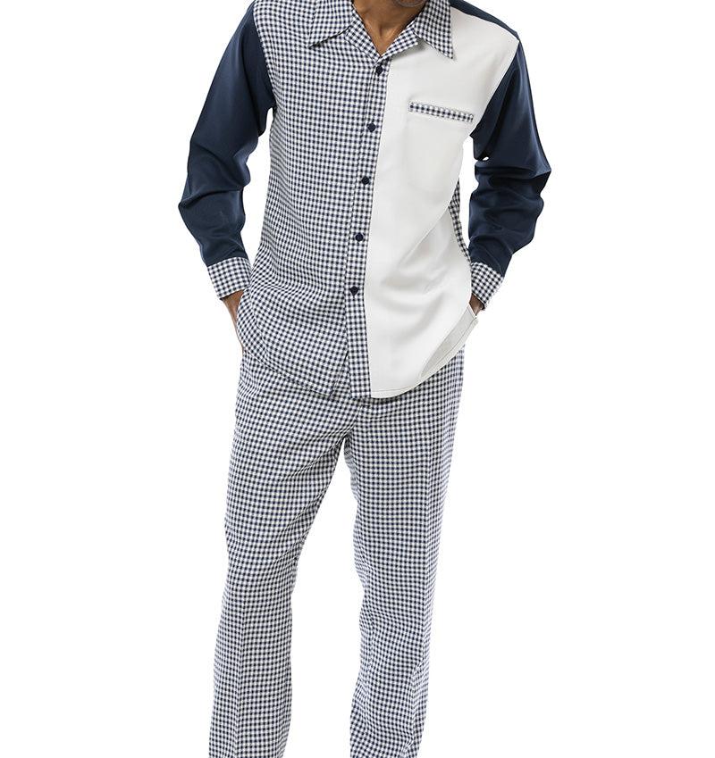 Navy Checkered 2 Piece Long Sleeve Walking Suit Set Product Image