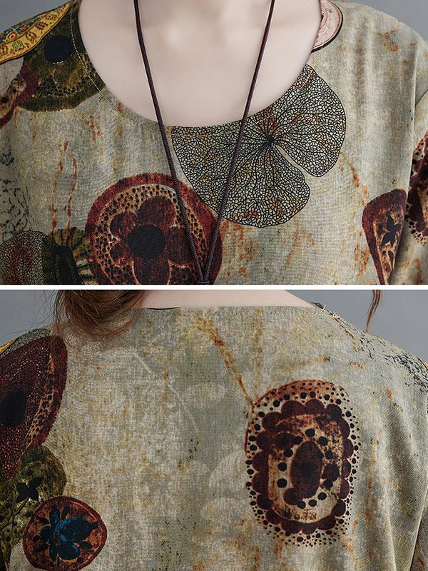 Artistic Retro Loose Long Sleeves Printed Round-Neck Maxi Dresses Product Image