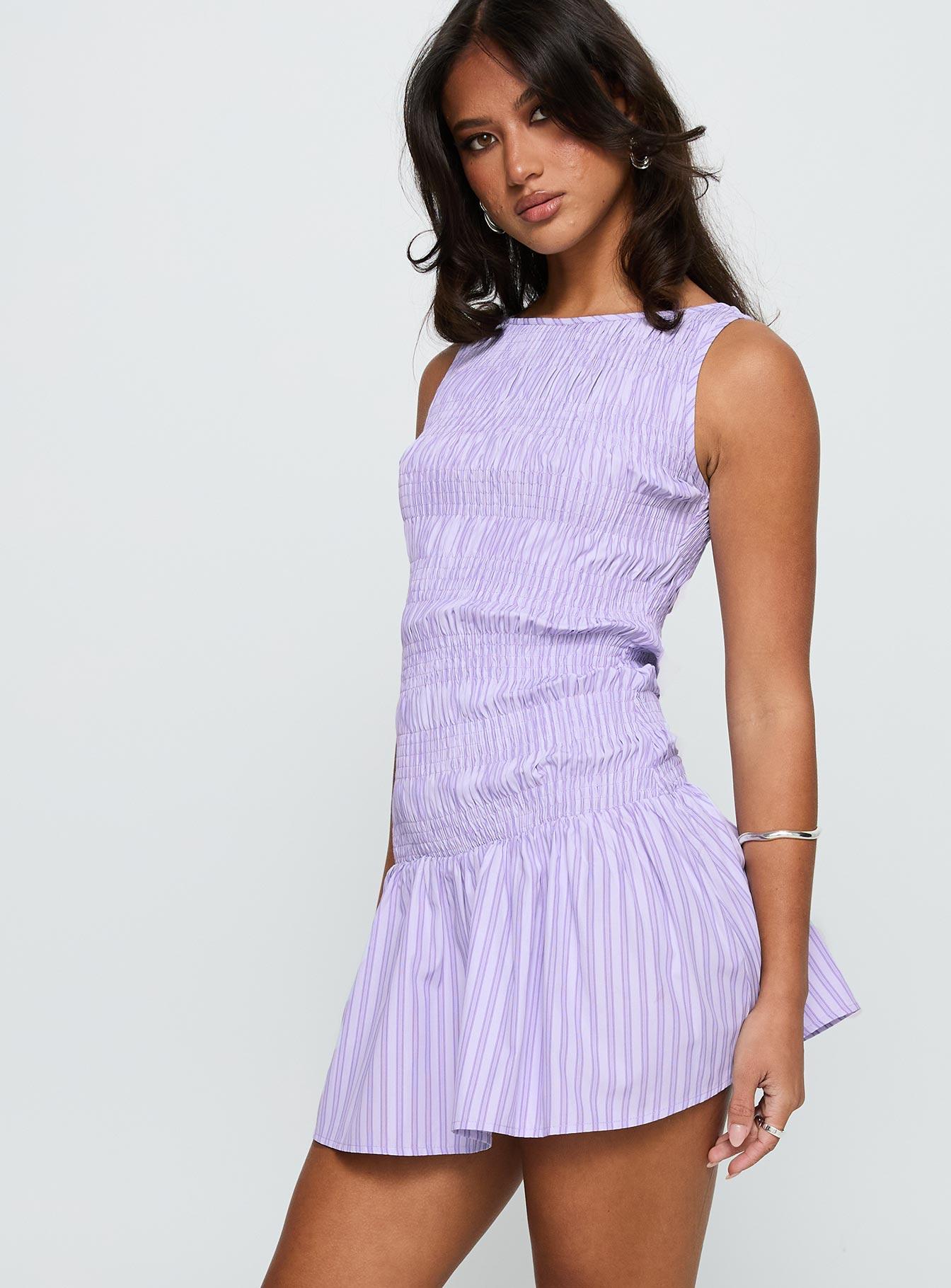 Home Grown Shirred Mini Dress Lilac Stripe Product Image