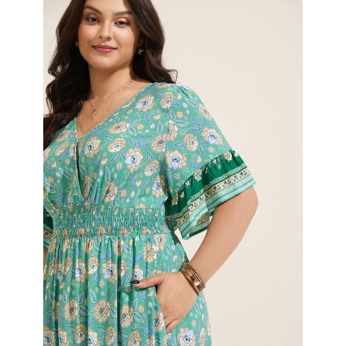 Plus Size Floral Bell Sleeve Shirred Waist Midi Dress Emerald Women Boho Overlap Collar Half Sleeve Curvy BloomChic 12/L Product Image