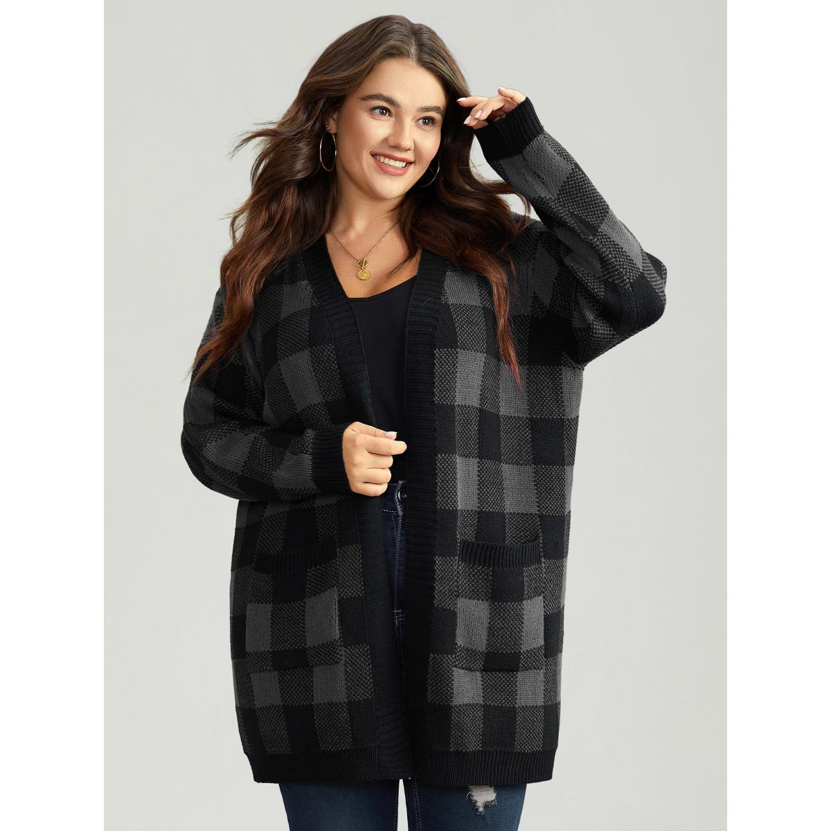 Plus Size Plaid Patched Pocket Loose Cardigan DimGray Women Casual Loose Long Sleeve Everyday Cardigans BloomChic 14-16/1X Product Image