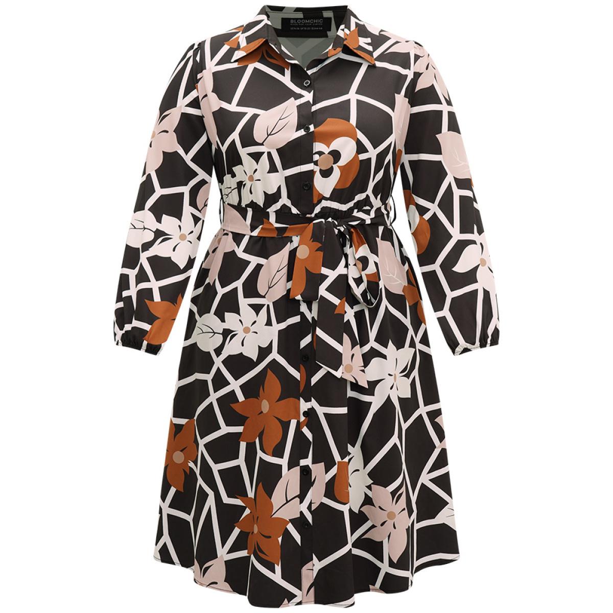 Plus Size Geometric & Plants Button Through Pocket Dress Multicolor Women Office Elastic cuffs Shirt collar Long Sleeve Curvy Midi Dress BloomChic 12/L Product Image