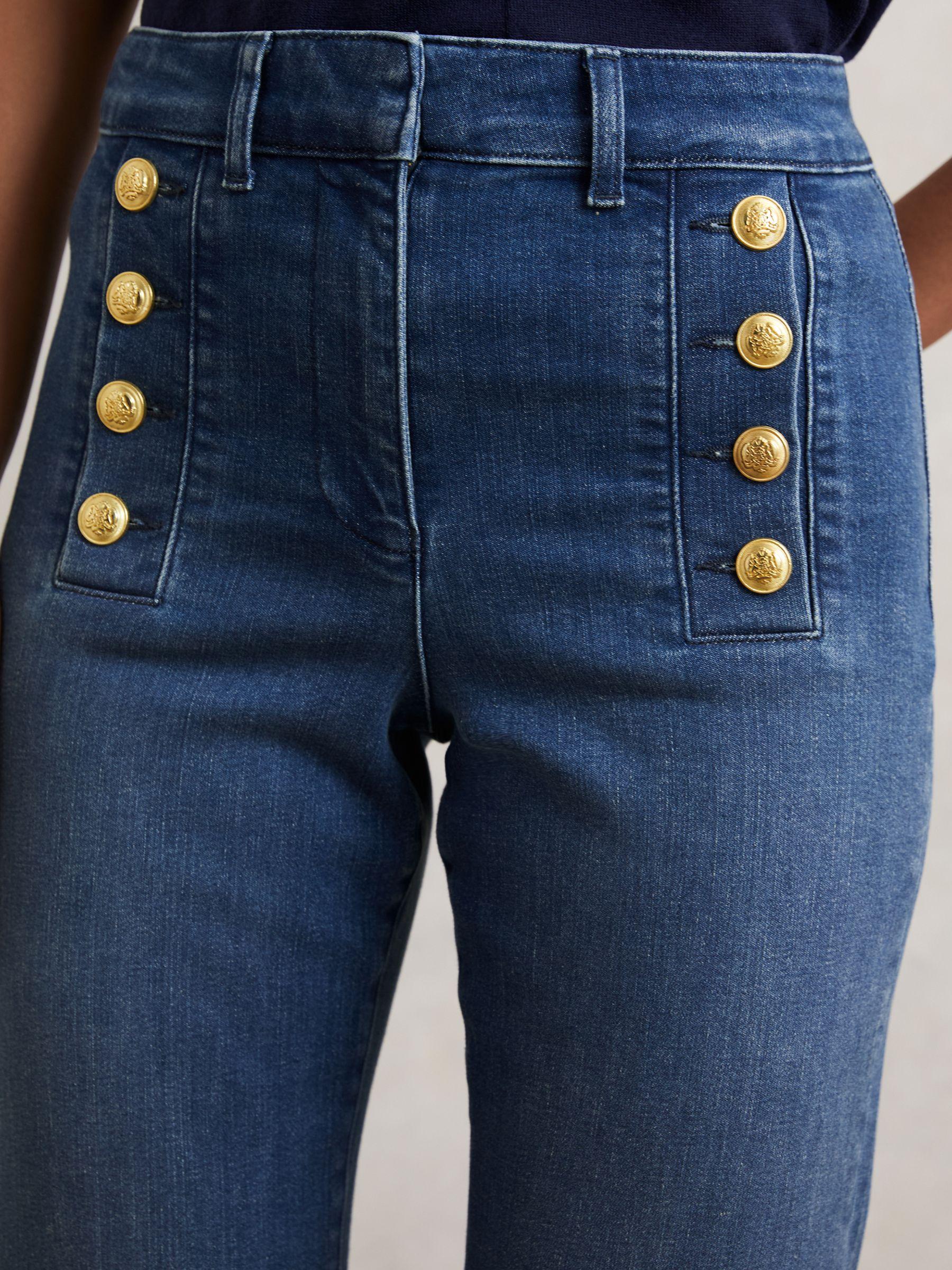 Button-Detail High-Rise Flared Jeans in Mid Blue Product Image