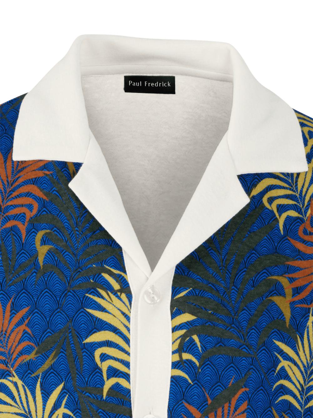 Linen Blend Button Front Camp Collar - Blue Multi Product Image