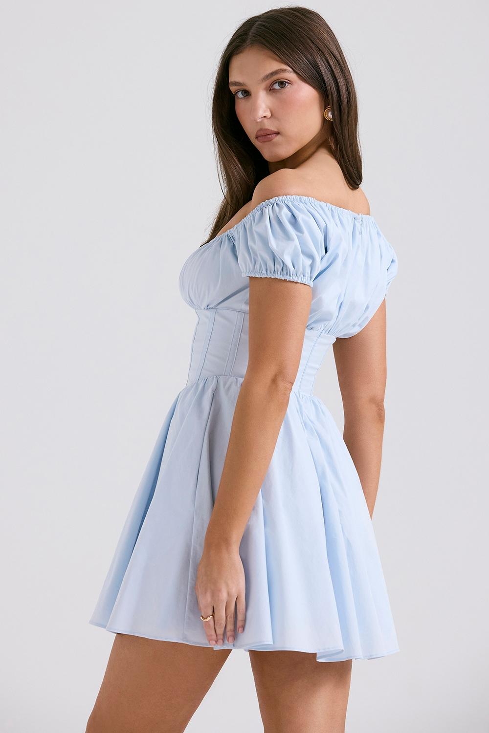 Nala  soft blue cotton gathered mini dress Product Image