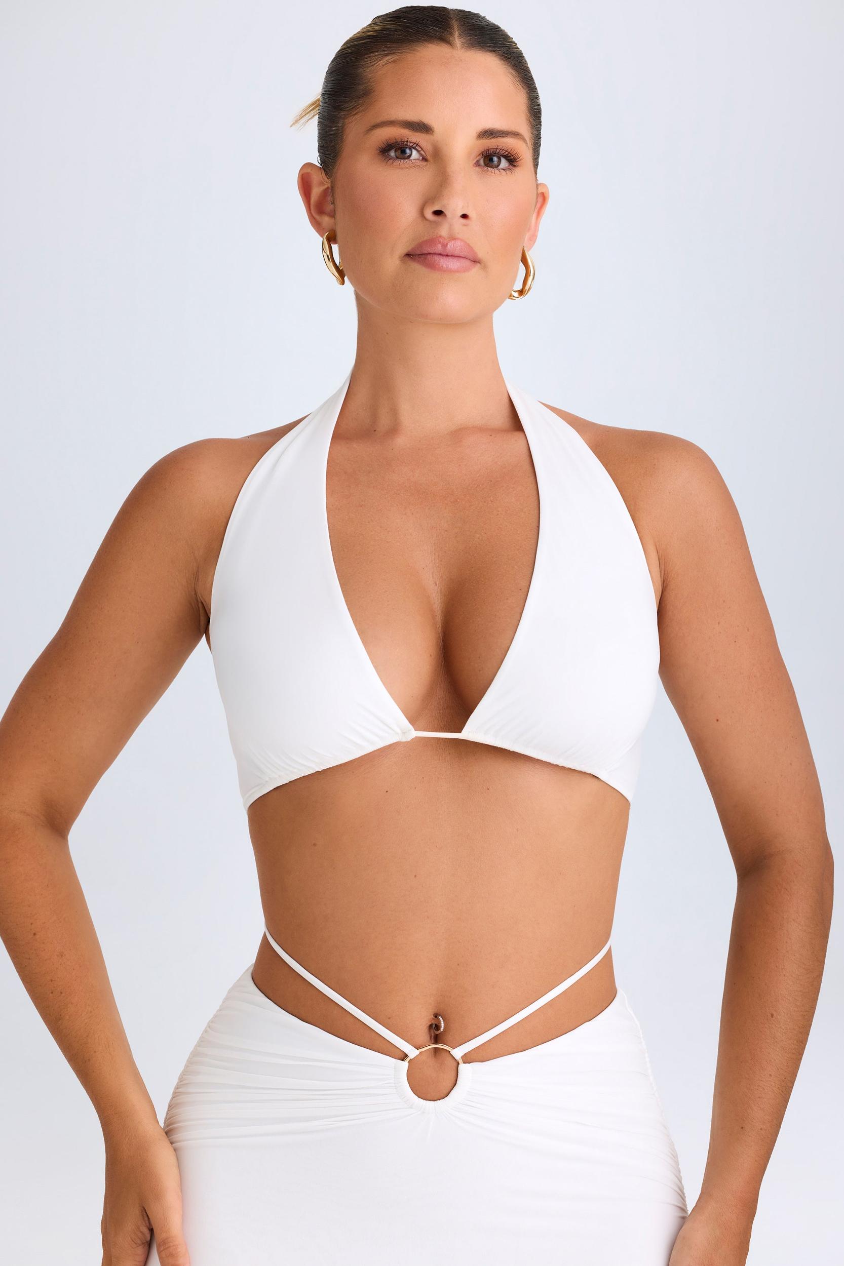 Plunge Hardware-Detail Halterneck Crop Top in White Female Product Image