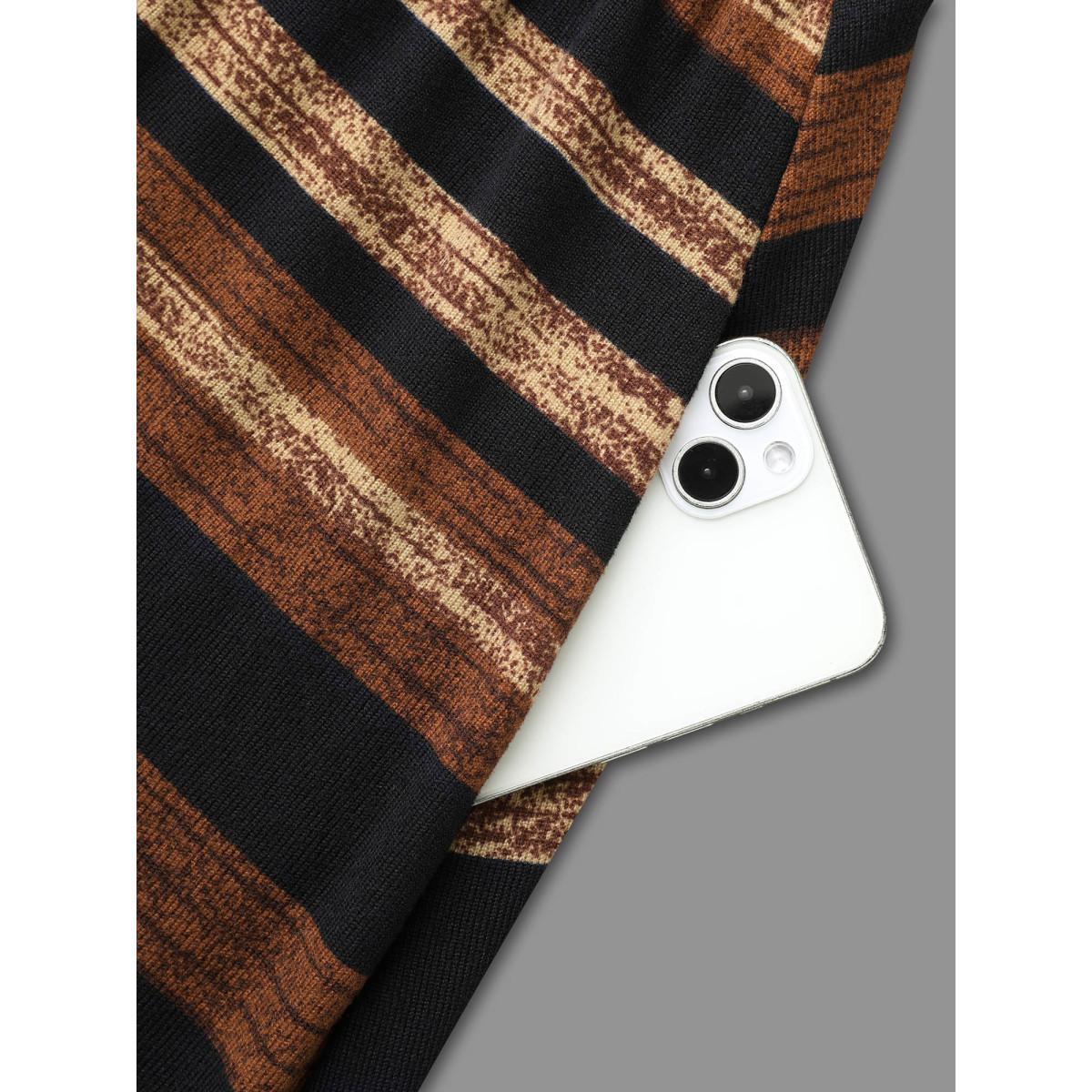 Plus Size Striped Elastic Waist Tie Knot Dress Yellowishbrown Women Resort Tie knot Round Neck Elbow-length sleeve Curvy BloomChic 26/4X Product Image