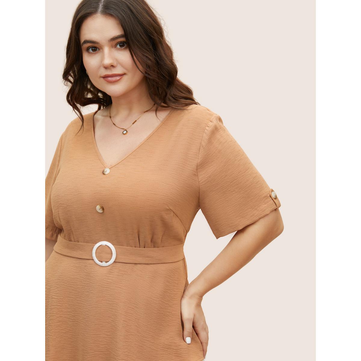 Plus Size LightBrown V Neck Buckle Detail Tab Sleeve Blouse Women Work From Home Short sleeve V-neck Work Blouses BloomChic 10/M Product Image