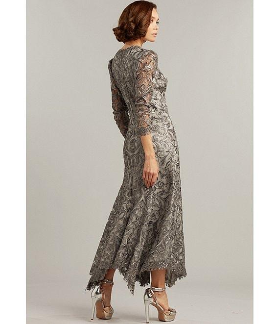Tadashi Shoji Metallic Sequin Lace V-Neck 3/4 Sleeve Asymmetrical Hem Handkerchief Gown Product Image