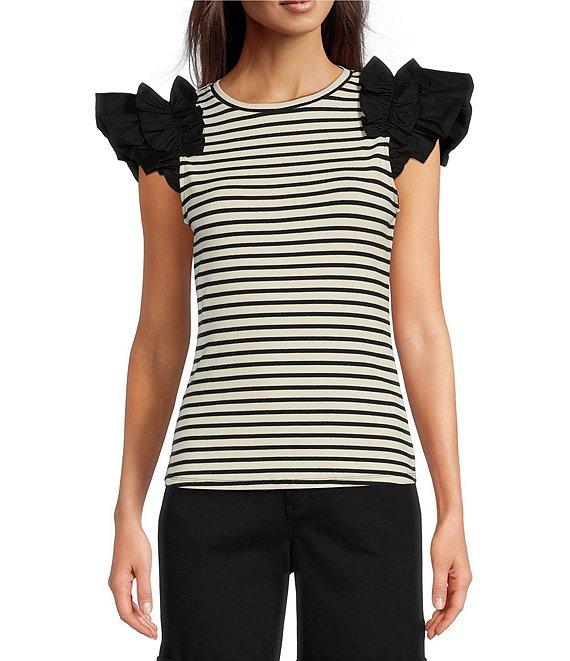 Gibson & Latimer Striped Ribbed Knit Crew Neck Contrasting Poplin Ruffled Short Sleeve Top Product Image