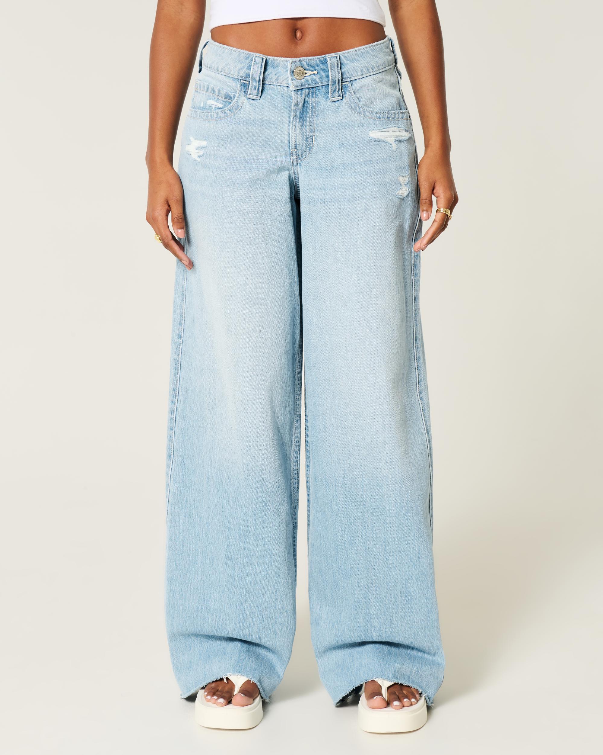 Low-Rise Light Wash Foldover Waist Super Baggy Jeans Product Image