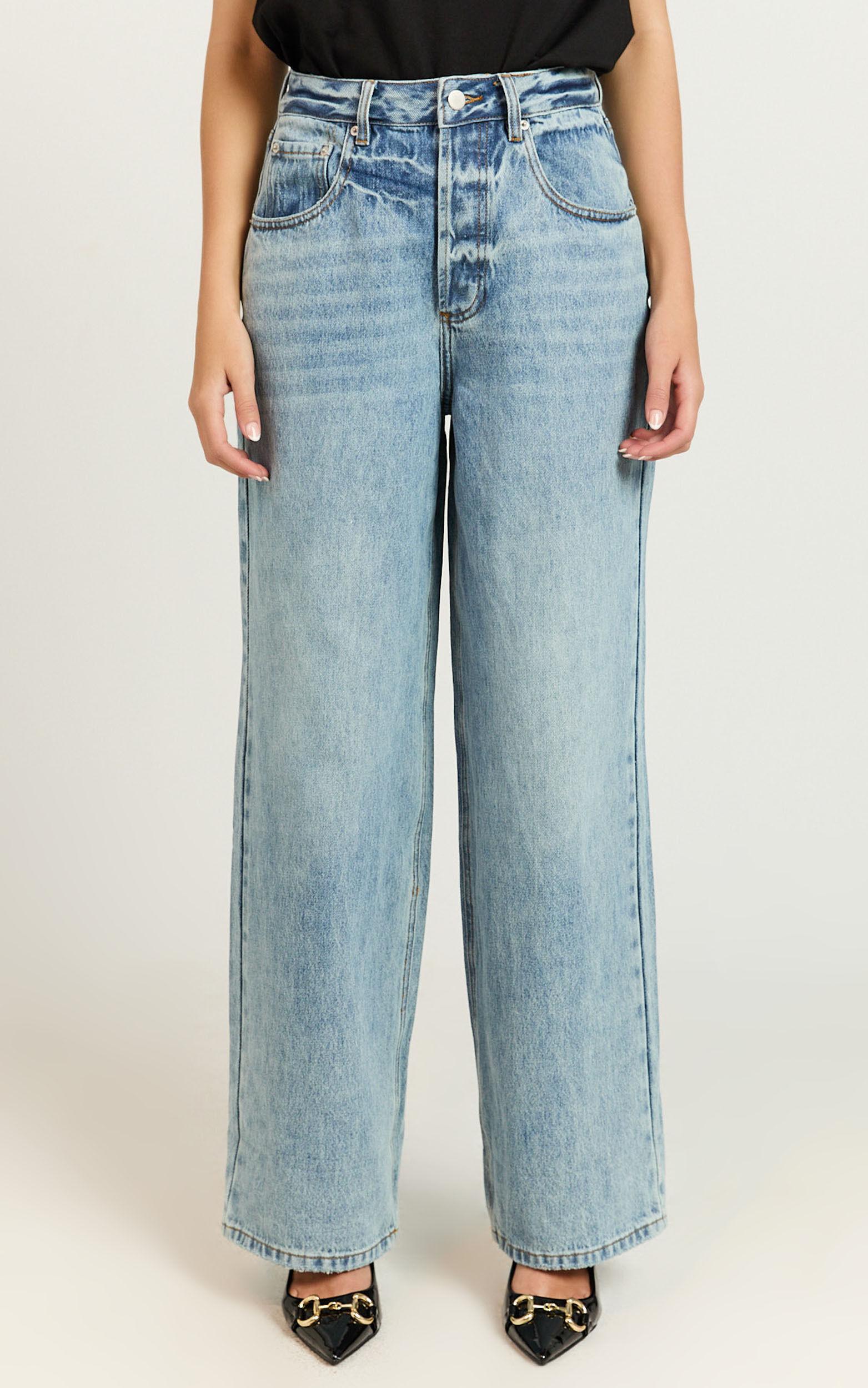 Amalie The Label - Herrera Low Rise Wide Leg Denim Jeans in Mid Blue Wash Product Image