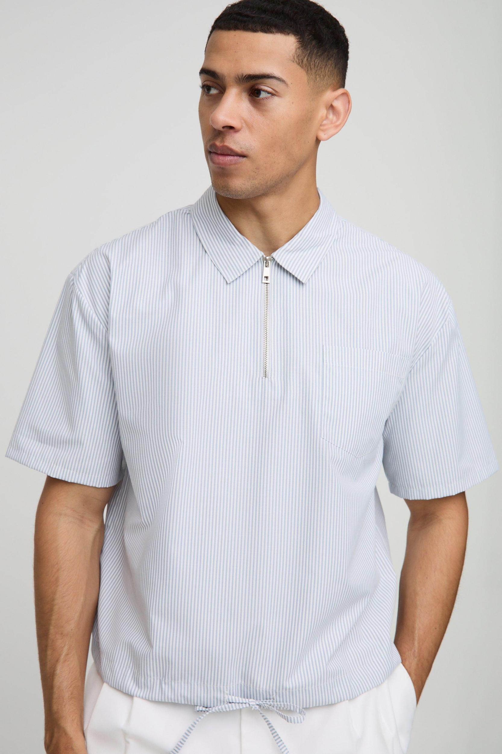 Oversized Pocket Detail Bungee Hem Stripe Shirt | boohooMAN USA Product Image