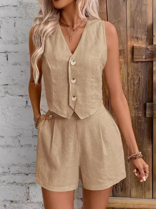 Sleeveless Split-Joint V-Neck Vest + High Waisted Pleated Shorts Two Pieces Set Product Image
