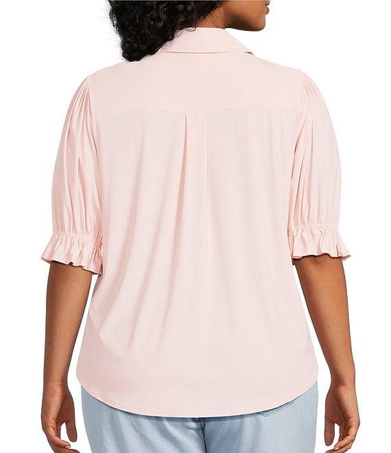 Liverpool Los Angeles Plus Size Tech Knit Point Collar Short Puff Ruffle Cuff Sleeve Button Front Shirt Product Image